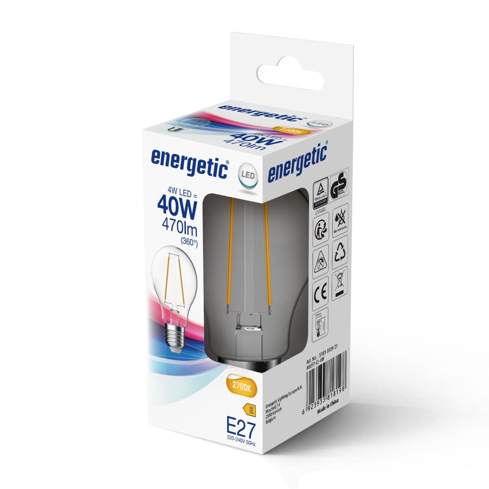 E27 GLS 4w 470lm Warm White 2700k LED Filament Light Bulb (40w eqv)
