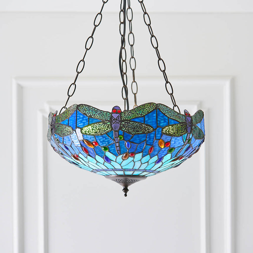 Dragonfly 41cm Inverted Tiffany Pendant Light, Blue