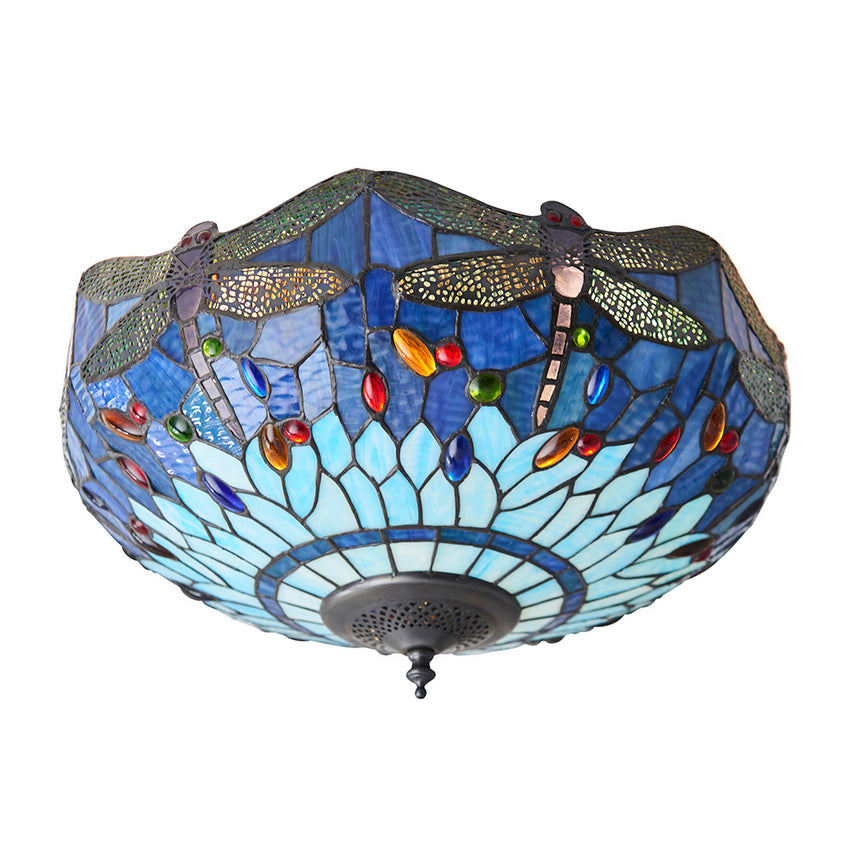 Dragonfly 41cm Tiffany Flush Ceiling Light, Blue