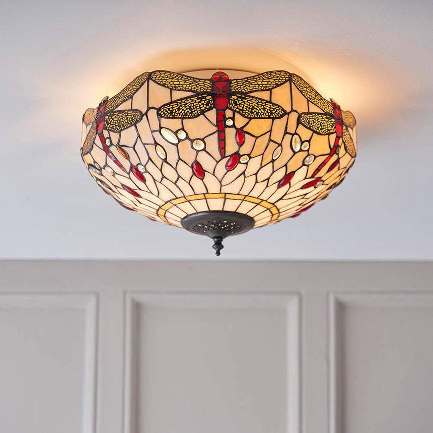 Dragonfly 41cm Tiffany Flush Ceiling Light, Beige