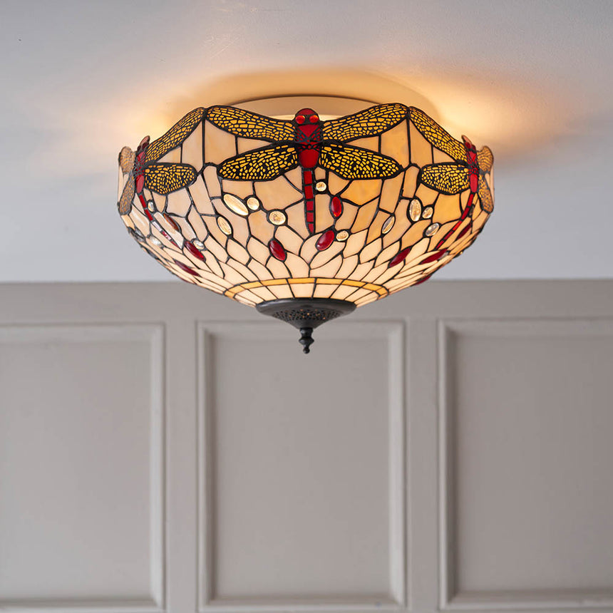 Dragonfly 41cm Tiffany Flush Ceiling Light, Beige