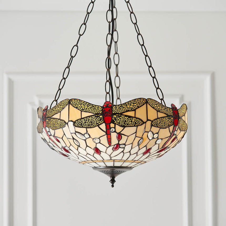 Dragonfly 41cm Inverted Tiffany Pendant Light, Beige