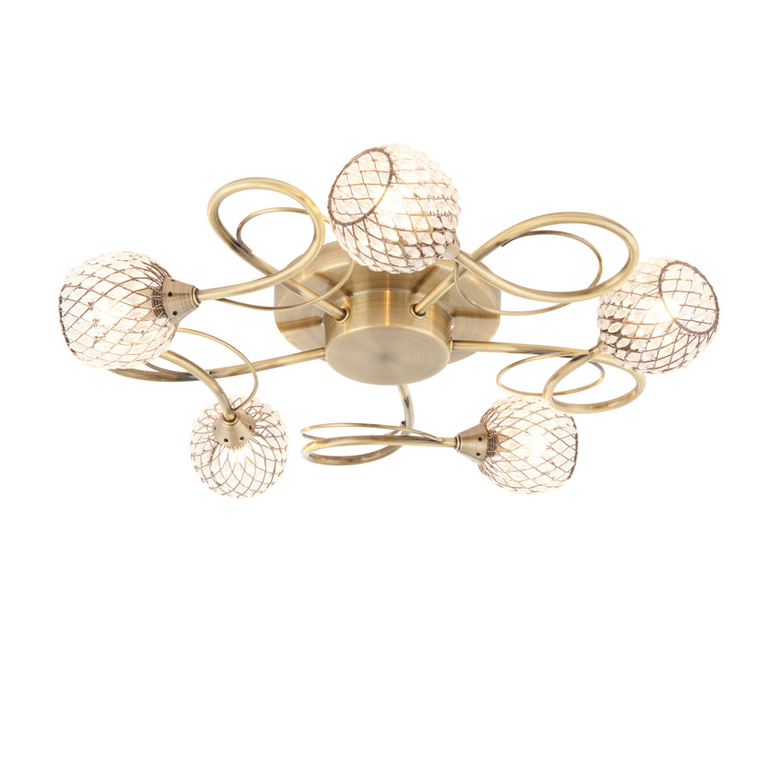 Aherne 5 Light Semi-flush Ceiling Light, Antique Brass