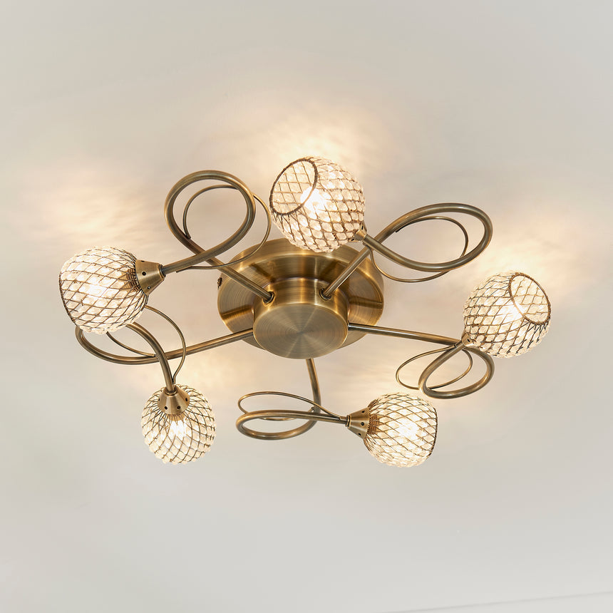 Aherne 5 Light Semi-flush Ceiling Light, Antique Brass