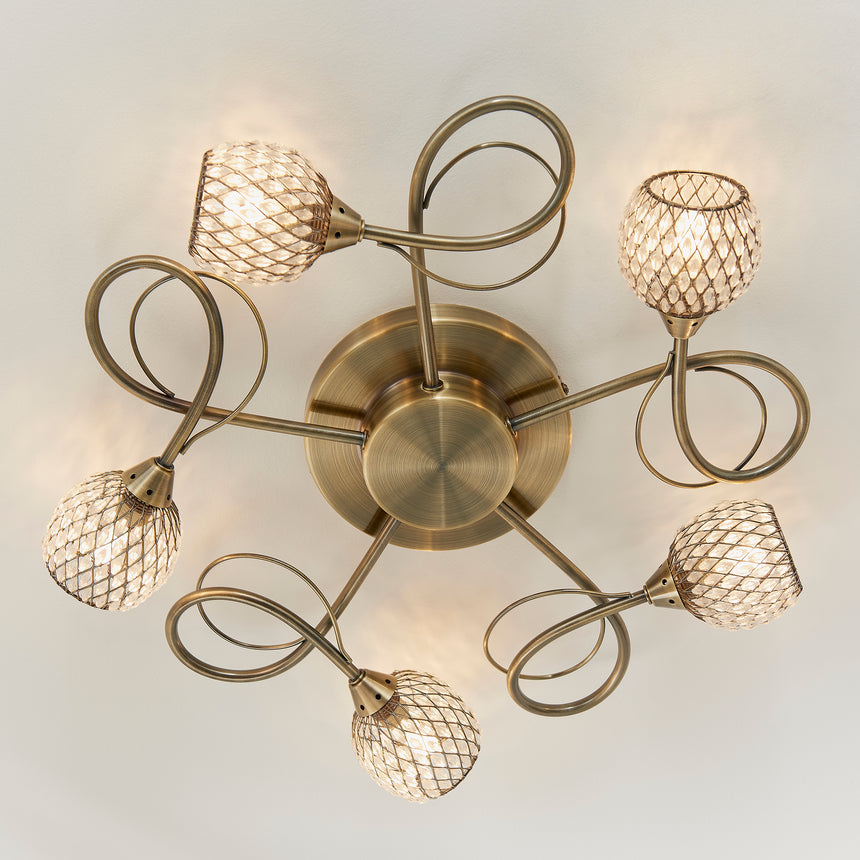 Aherne 5 Light Semi-flush Ceiling Light, Antique Brass