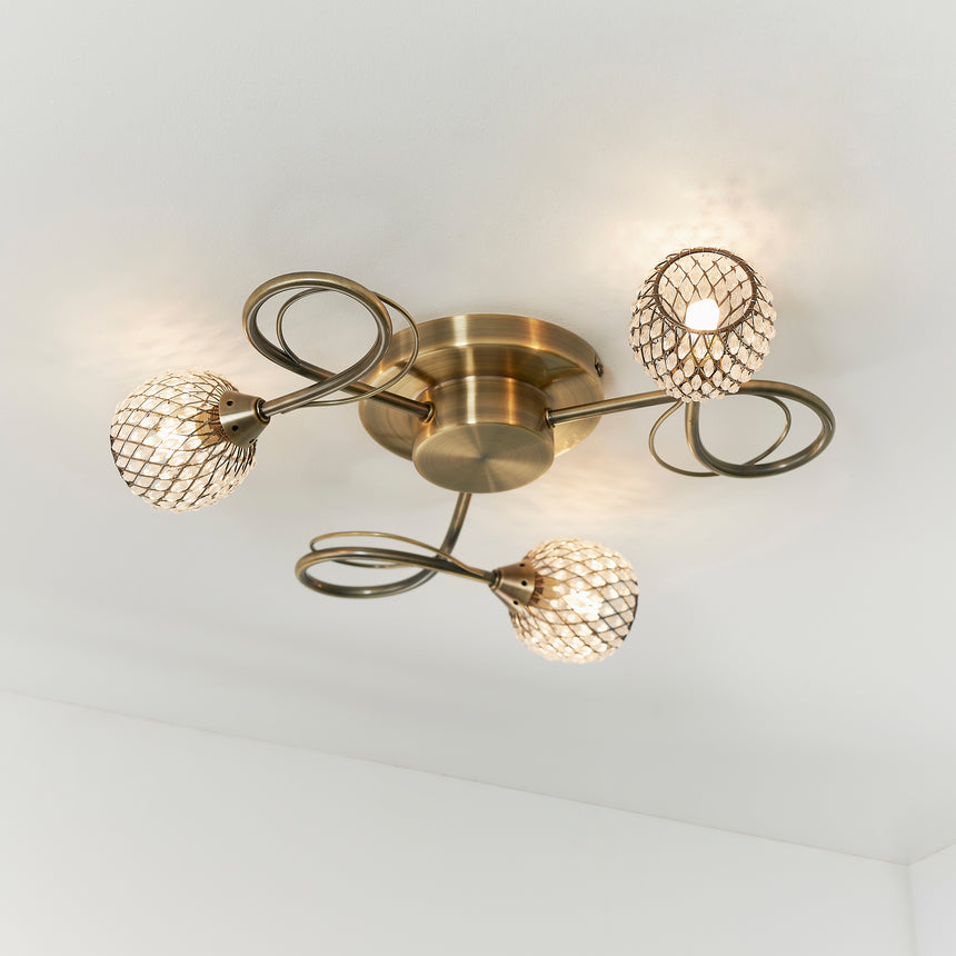 Aherne 3 Light Semi-flush Ceiling Light, Antique Brass