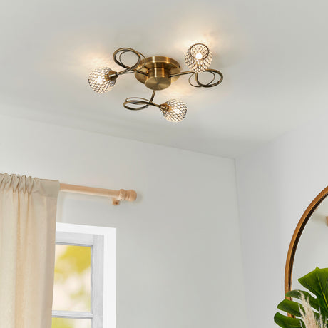 Aherne 3 Light Semi-flush Ceiling Light, Antique Brass