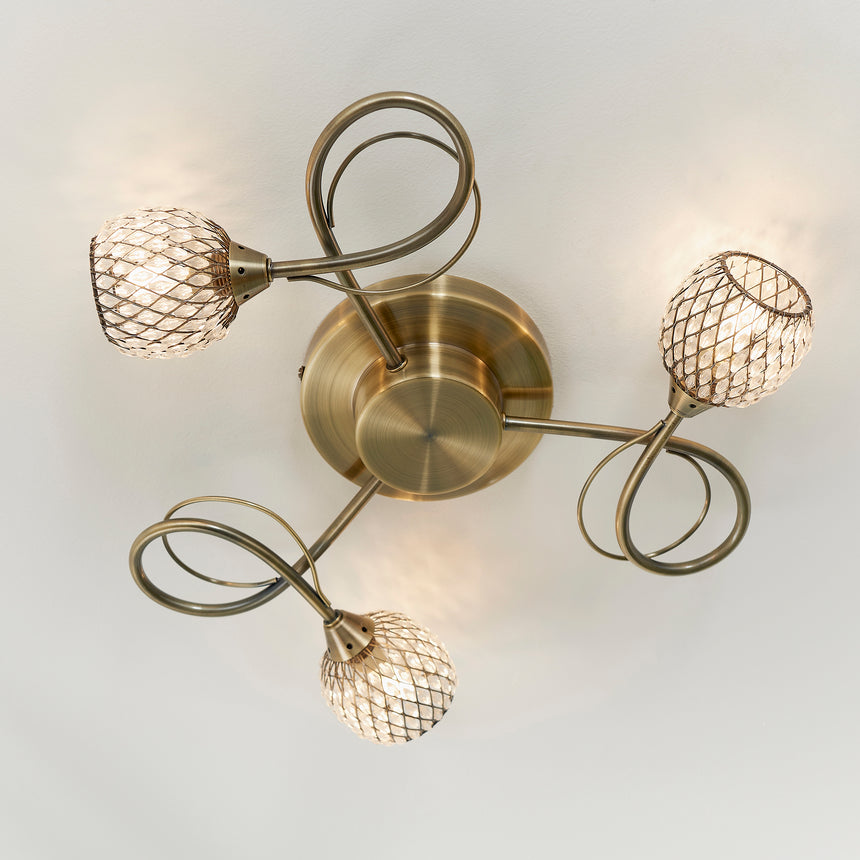 Aherne 3 Light Semi-flush Ceiling Light, Antique Brass