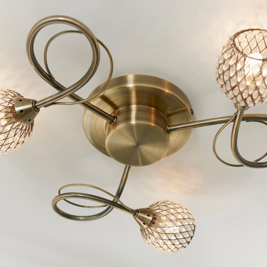 Aherne 3 Light Semi-flush Ceiling Light, Antique Brass