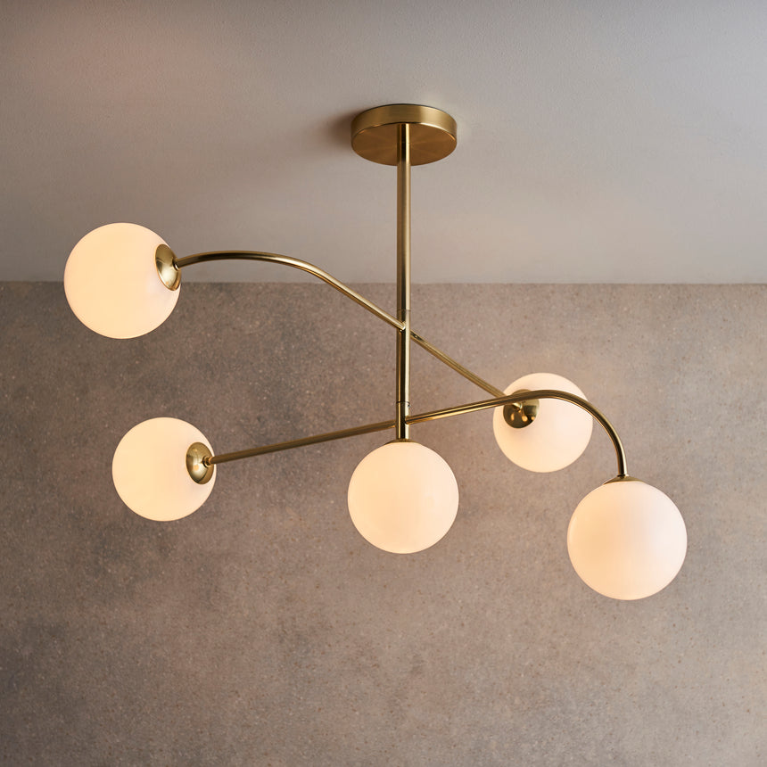 Otto 5-Light Semi-flush Ceiling Light, Brushed Brass/Opal