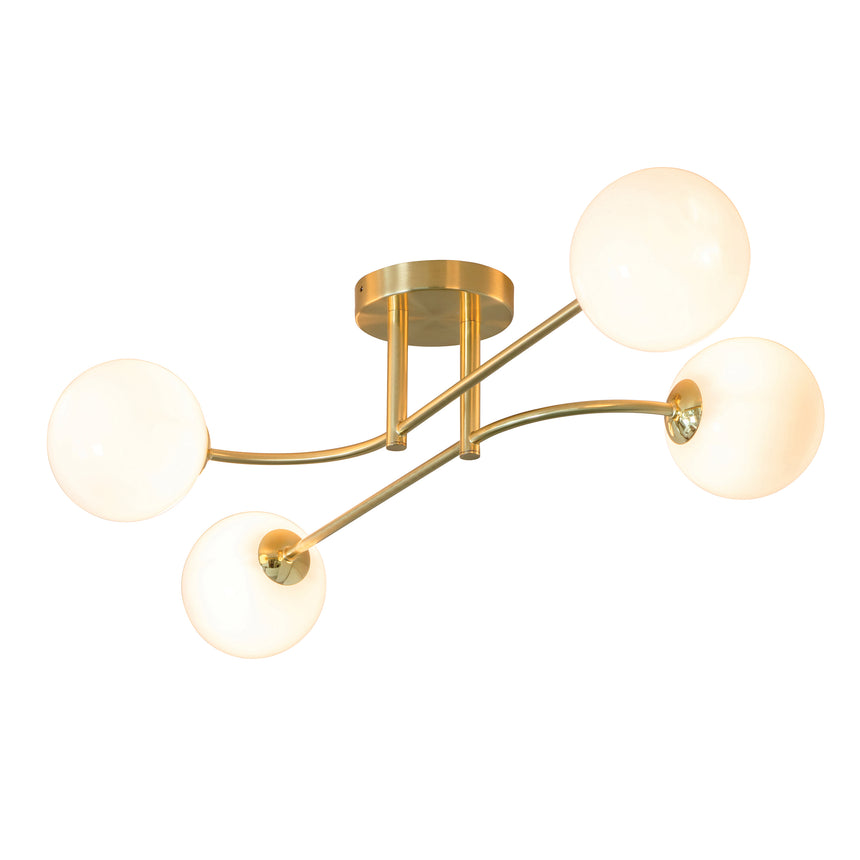 Otto 4 Light Semi Flush Ceiling Light, Brushed Brass/Opal