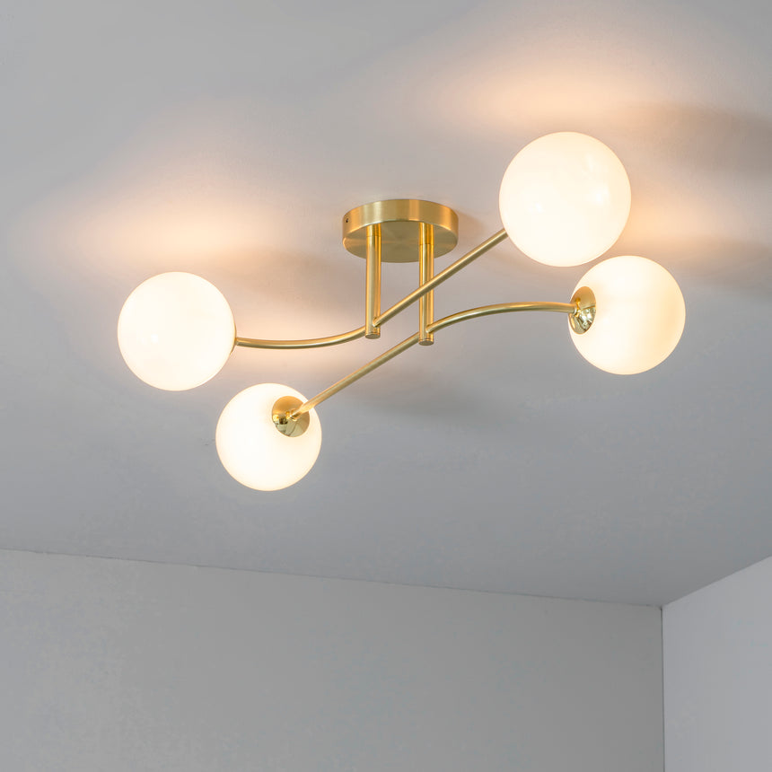 Otto 4 Light Semi Flush Ceiling Light, Brushed Brass/Opal