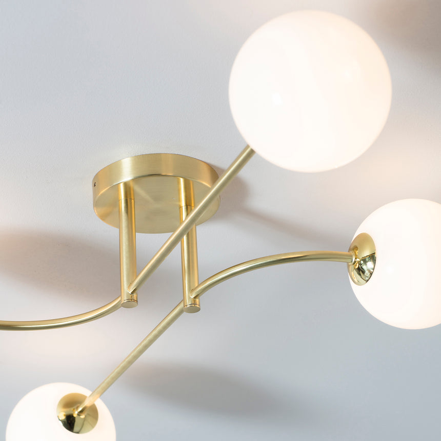 Otto 4 Light Semi Flush Ceiling Light, Brushed Brass/Opal