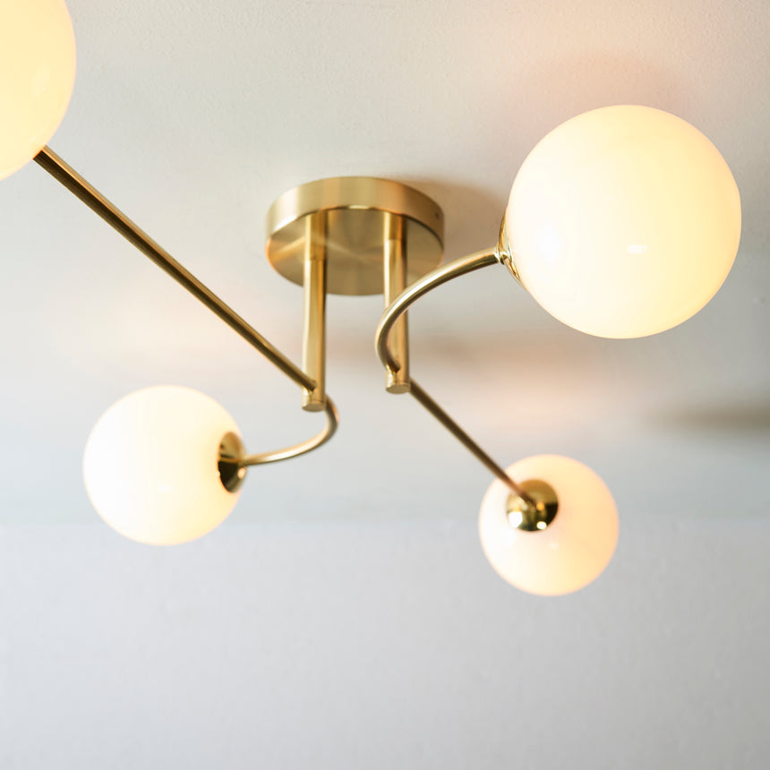 Otto 4 Light Semi Flush Ceiling Light, Brushed Brass/Opal