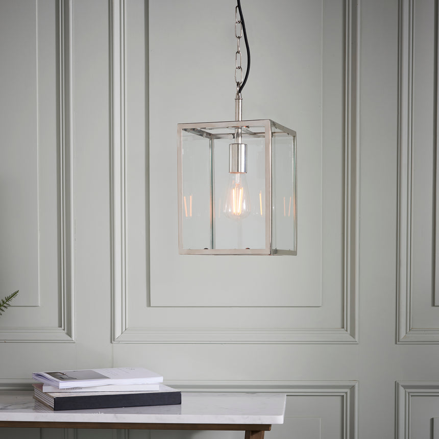 Hadden Glass Lantern Pendant Light, Nickel