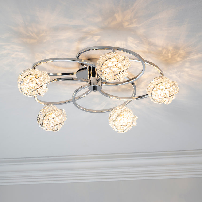 Talia 5 Light Semi Flush Ceiling Light, Chrome/Crystal