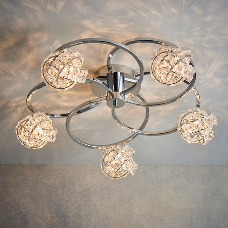 Talia 5 Light Semi Flush Ceiling Light, Chrome/Crystal