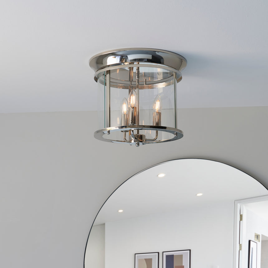 Hampworth 3 Light Flush Ceiling Light, Nickel/Glass