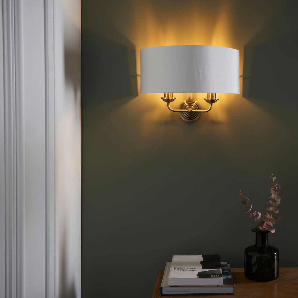 Highclere 2 Light Wall Light, Antique Brass/White