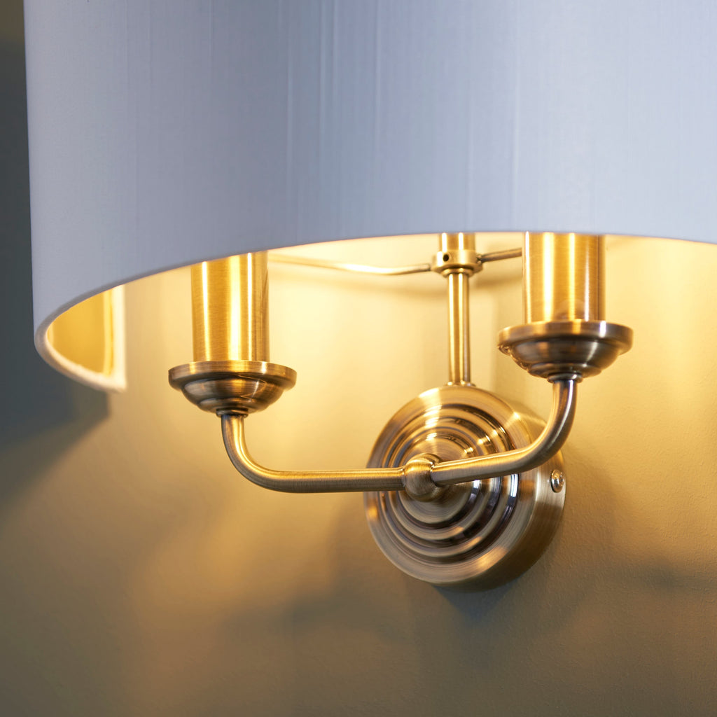 Highclere 2 Light Wall Light, Antique Brass/White