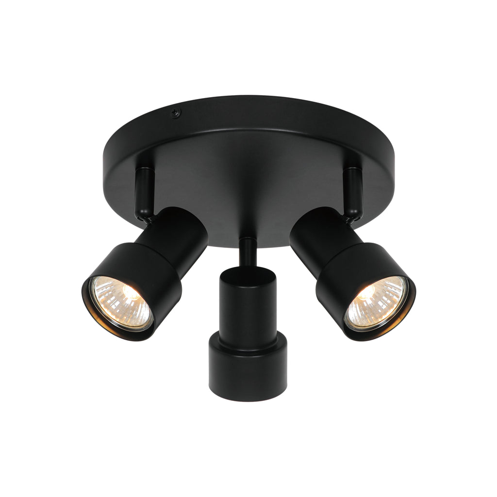 Black three-light ceiling fixture on a white background