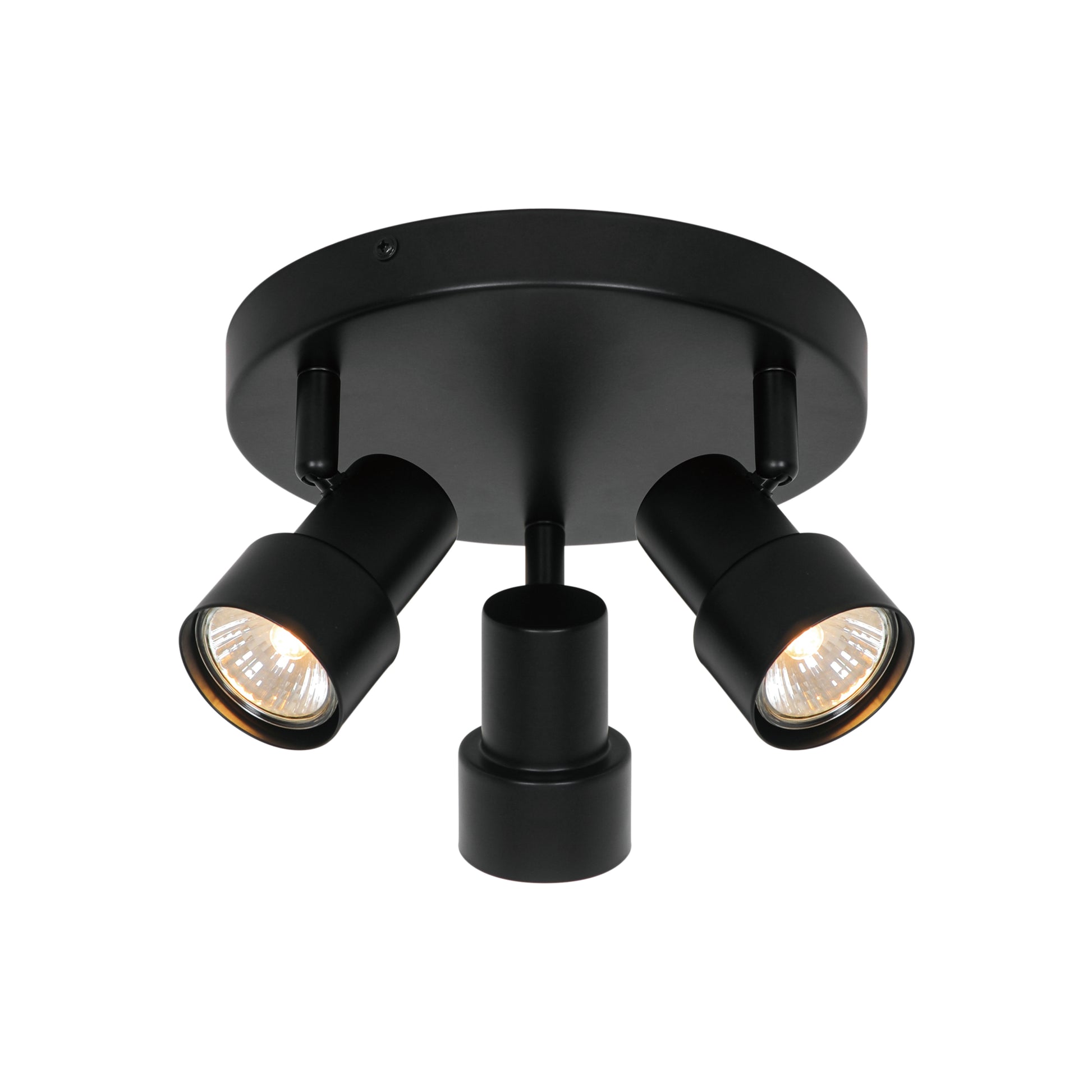 Black three-light ceiling fixture on a white background